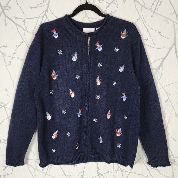 Croft & Barrow Ramie Blend Snowflake Snowman Embroidered Full Zip Sweater - Picture 1 of 6